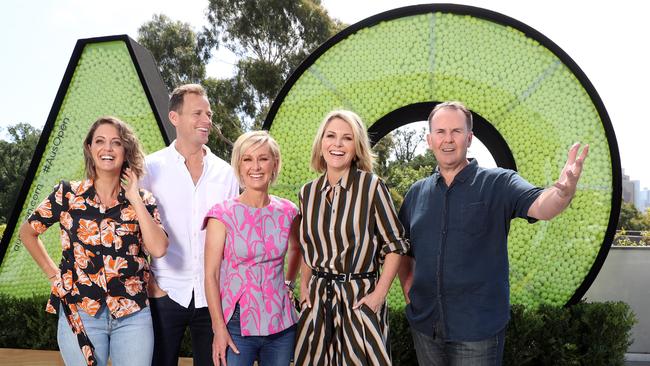 Today hosts Brooke Boney, Tom Steinfort, Deb Knight, Georgie Gardner and Tony Jones at the Australian Open site. Picture: Alex Coppel