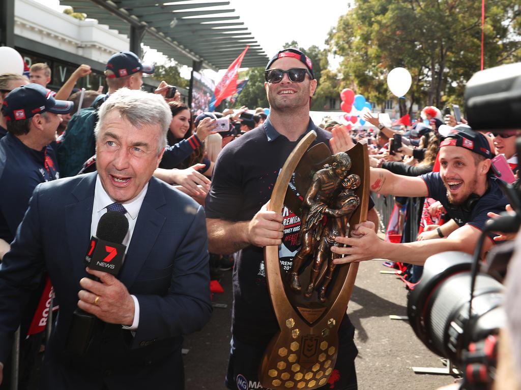 Roosters Boyd Cordner during the Sydney Roosters fan day outside the Hordern Pavilion, Sydney after the Roosters 2019 NRL Premiership win. Picture: Brett Costello