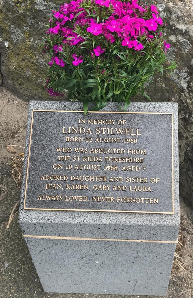 A plaque remembering seven-year-old Linda Stilwell on the St Kilda foreshore where she vanished in 1968. Her body has never been found. Picture: Courtesy Karen Stilwell/Facebook