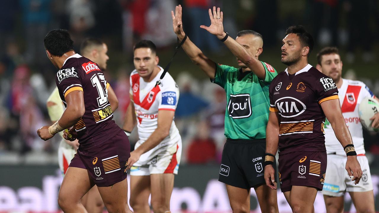 TC Robati was sent to the sin bin for making contact with the head of a Dragons’ attacker. Picture: Getty Images