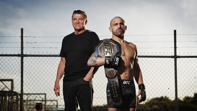 UFC champ Alex Volkanovski and coach Joe Lopez. Picture: Sam Ruttyn