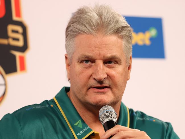 MELBOURNE, AUSTRALIA - FEBRUARY 20: Scott Roth, Coach of Tasmania JackJumpers speaks to media during the 2024 NBL Finals Launch at John Cain Arena on February 20, 2024 in Melbourne, Australia. (Photo by Kelly Defina/Getty Images for NBL)