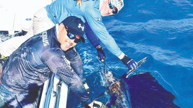 Nathan Corpus (left) and Shane Compain with their first sailfish success fishing Dundee wide this week. Shane acknowledged the mentoring from champion billfish angler, Doug Saunders