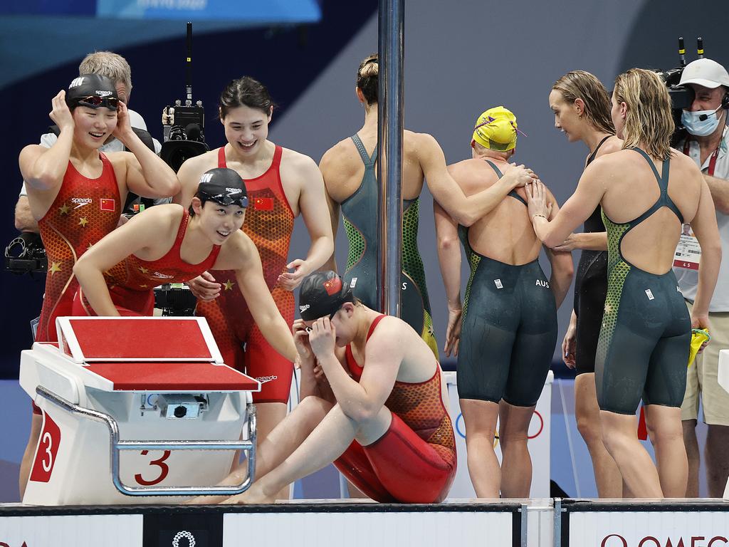 Australia reacts after claiming bronze in womens 4x200m Freestyle Relay at the Tokyo Olympics, where China claimed gold. Picture: Alex Coppel