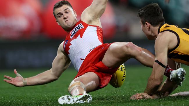 Sydney’s Tom Papley has hit back at Alastair Clarkson, saying he has never milked for free kicks. Picture: Phil Hillyard