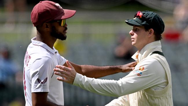 Australia's captain Steve Smith (R) shakes hands with West Indies captain Kraigg Brathwaite (L) after their victory on the fourth day of the second cricket Test match between Australia and the West Indies at the Adelaide Oval in Adelaide on December 11, 2022. (Photo by William WEST / AFP) / — IMAGE RESTRICTED TO EDITORIAL USE – STRICTLY NO COMMERCIAL USE —