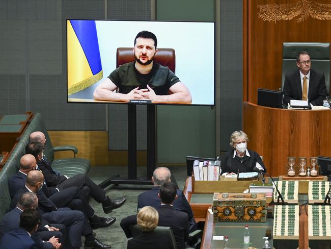 Zelensky addresses the Australian parliament via video link on March 31. Picture: Martin Ollman/Getty Images