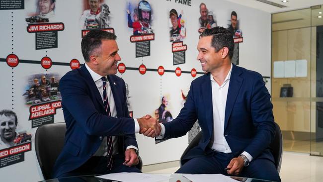 Opposition Leader Peter Malinauskas signs an MOU with Supercars CEO Sean Seamer to bring back the Superloop Adelaide 500. Pic: Supplied