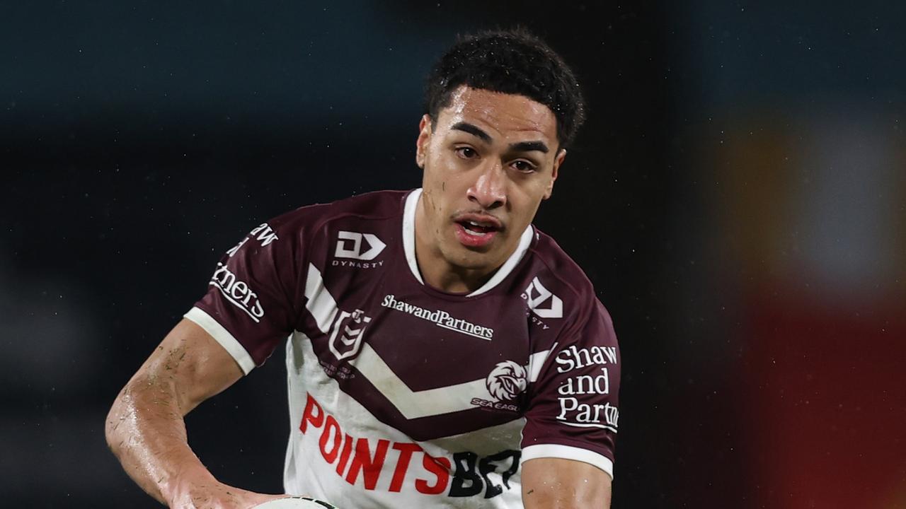 SYDNEY, AUSTRALIA - JUNE 22: Lehi Hopoate of the Sea Eagles runs the ball during the round 16 NRL match between South Sydney Rabbitohs and Manly Sea Eagles at Accor Stadium on June 22, 2024 in Sydney, Australia. (Photo by Jason McCawley/Getty Images)