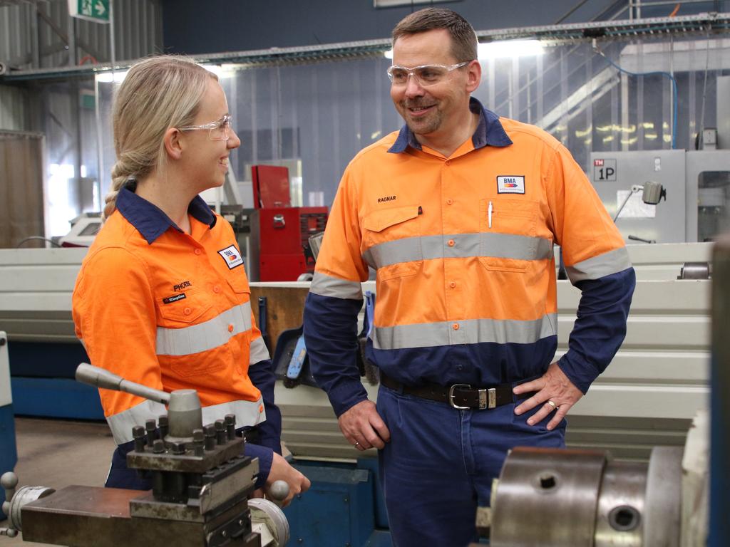 NEW JOBS: BMA Asset President Rag Udd with Pheobe Bailey from North Mackay at the 2018 BMA Apprenticeship Program intake. Pheobe has started a mechanical fitter apprenticeship at the Hay Point Coal Terminal.