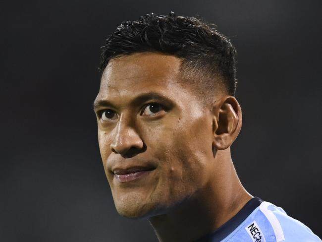 Israel Folau of the Waratahs reacts during the Round 5 Super Rugby match between the Brumbies and the NSW Waratahs at GIO Stadium in Canberra, Friday, March 15, 2019. (AAP Image/Lukas Coch) NO ARCHIVING, EDITORIAL USE ONLY