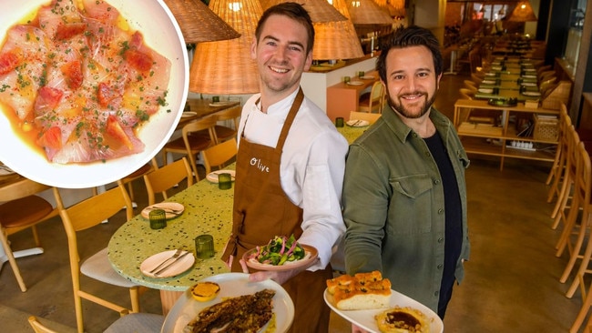 Callum Hann and Themis Chryssidis in the new Mediterranean restaurant Olive, and the kingfish crudo starter ordered by a customer who then complained the portions were undersized. Picture: Roy VanDerVegt