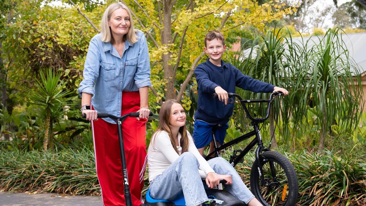 Emily Perry with her kids Zoe (12) and Jack (8). Emily, a top executive at RAA speaks of the huge toll perimenopause exacted on her life, work and marriage. Picture: Tim Joy