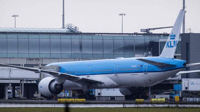 A KLM plane from Johannesbourg at The Netherlands. Dutch health authorities said 61 passengers aboard two KLM flights from South Africa tested positive for Covid-19 and the results were being examined for the new Omicron variant. Picture: Sem van der Wal/ANP/AFP