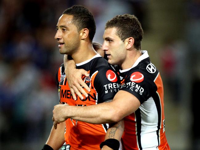 Benji Marshall and Robbie Farah with Wests Tigers back in 2011. Picture: Gregg Porteous