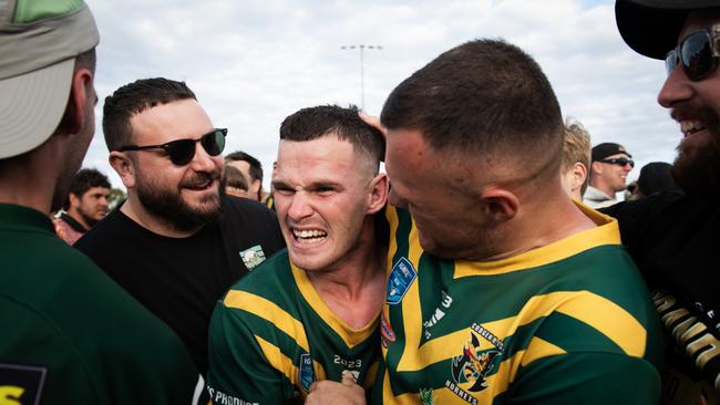 Cudgen players celebrating with fans after the full-time whistle. Photo: Elise Derwin