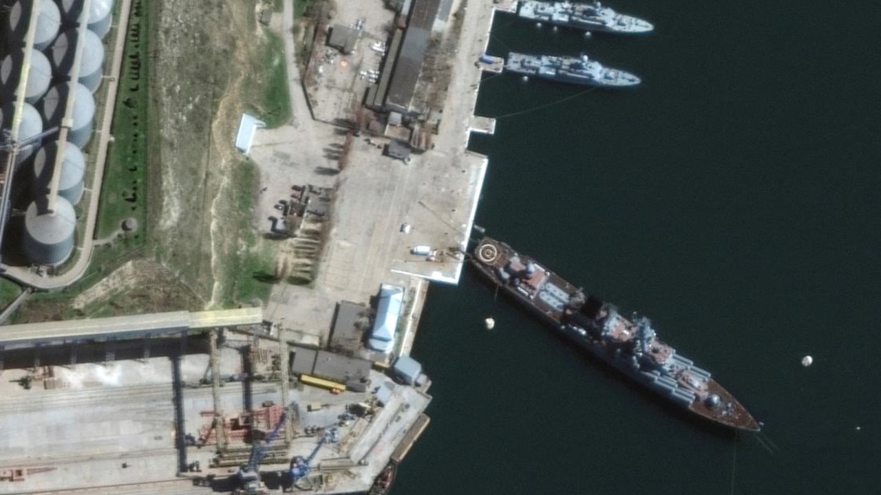 A satellite image shows the Moskva in Sevastopol, Crimea, on April 7. Picture: Maxar Technologies/Reuters