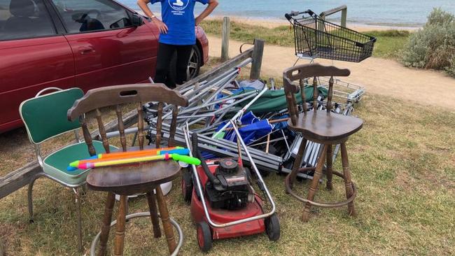 Some of the items grubby beach visitors left for the Safety Beach/Dromana Beach Patrol group to pick up. Picture: Supplied