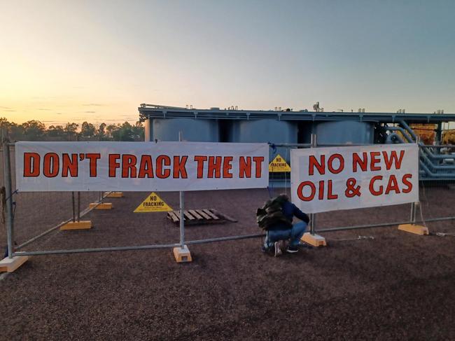 Anti-fracking protesters erected signage at East Arm Wharf on Friday.