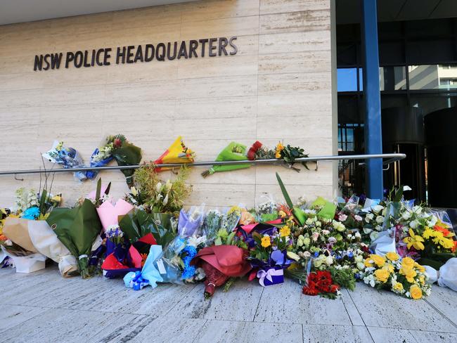 Memorial flowers for Curtis Cheng outside NSW Police Headquarters in Parramatta. Picture: Craig Greenhill