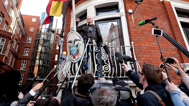 Holding court: Julian Assange speaks from the balcony of the Embassy of Ecuador in May, 2017. Picture: Jack Taylor/Getty