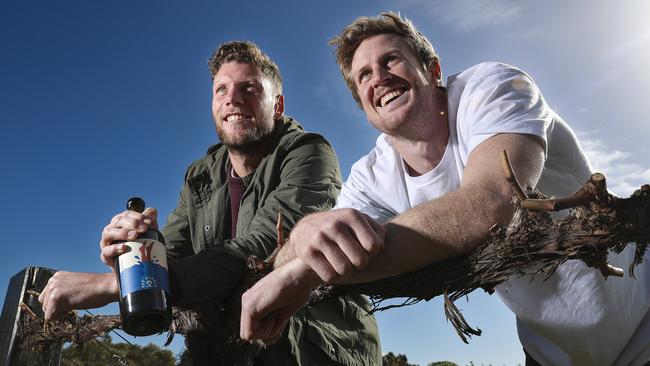 Port’s Brad Ebert and Tom Jonas are launching a new wine label … the footy duo is pictured at the National Wine Centre. Picture: Sarah Reed