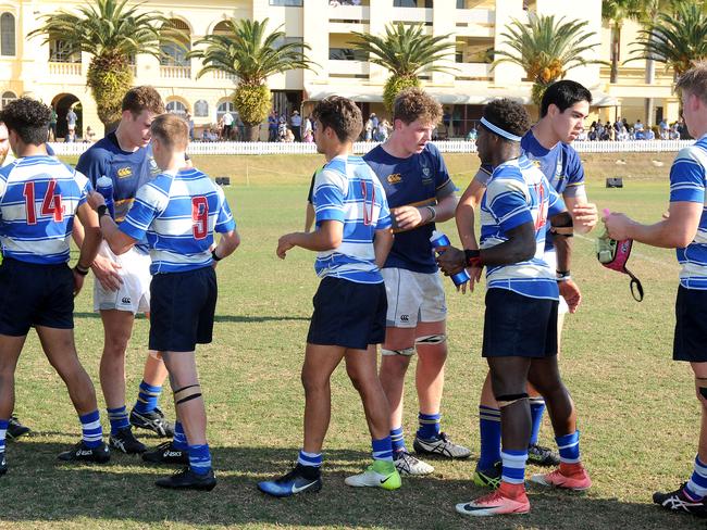 Nudgee College and Churchie shake hands after the game.GPS Rugby match with Nudgee College against Churchie at Nudgee College.Saturday September 14, 2019. (AAP image, John Gass)