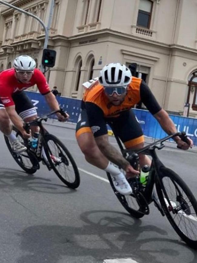 Jackson Sharples (right) competing in the National Road Cycling Championships Masters Criterium in January 2022. Picture: supplied