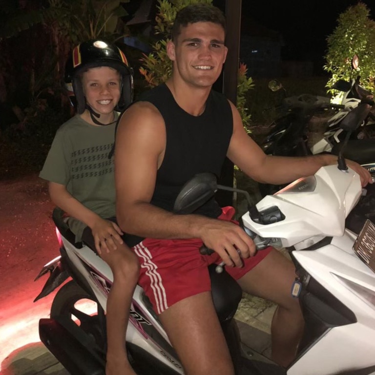 Lennox Cleary (left), cousin of Panthers star Nathan (right), pictured in Bali.