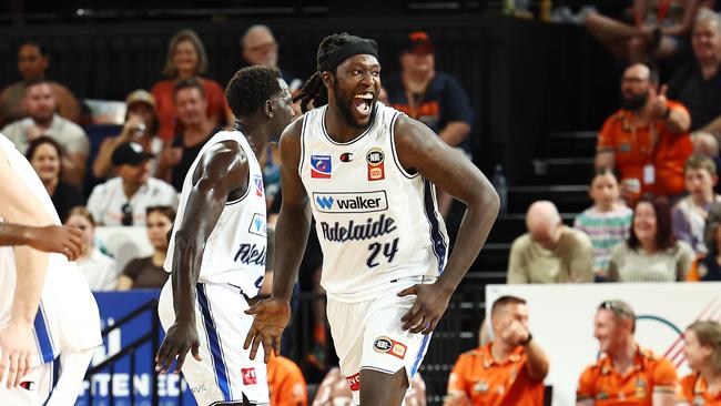 Adelaide's Montrezi Harrell laughs out loud in the National Basketball League (NBL) match between the Cairns Taipans and the Adelaide 36ers, held at the Cairns Convention Centre. Picture: Brendan Radke