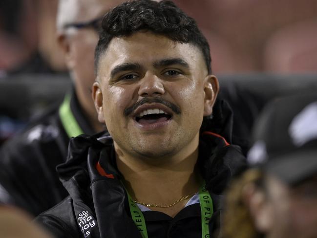 Rabbitohs star Latrell Mitchell in the stands watching his teammates during their loss to Penrith. Picture: NRL Photos