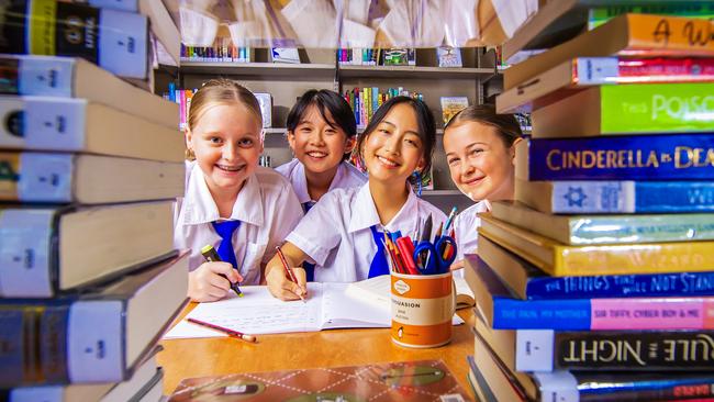 NAPLAN - Brisbane Girls Grammar School grade 7 girls Lucia Bailey, Kady Myo-Oo, Emily Lee and Sienna Crook getting ready for NAPLAN.Picture: Nigel Hallett