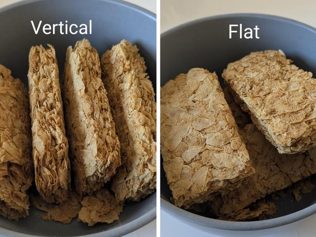 A debate has erupted over whether you should eat your Weet-Bix vertically or stacked flat. Picture: Reddit