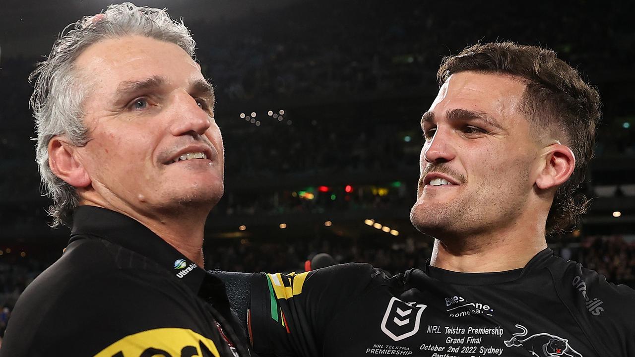 SYDNEY, AUSTRALIA - OCTOBER 02: Nathan Cleary of the Panthers and Panthers coach Ivan Cleary embrace as they celebrate victory in the 2022 NRL Grand Final match between the Penrith Panthers and the Parramatta Eels at Accor Stadium on October 02, 2022, in Sydney, Australia. (Photo by Mark Kolbe/Getty Images)