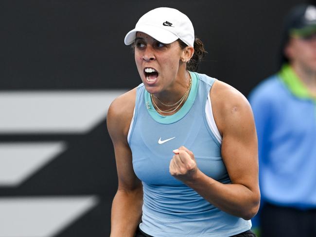 ADELAIDE, AUSTRALIA - JANUARY 10: Madison Keys of USA   celebrates winning the second  set in her match against Liudmila Samsonova during day five of the 2025 Adelaide International at Memorial Drive on January 10, 2025 in Adelaide, Australia. (Photo by Mark Brake/Getty Images)