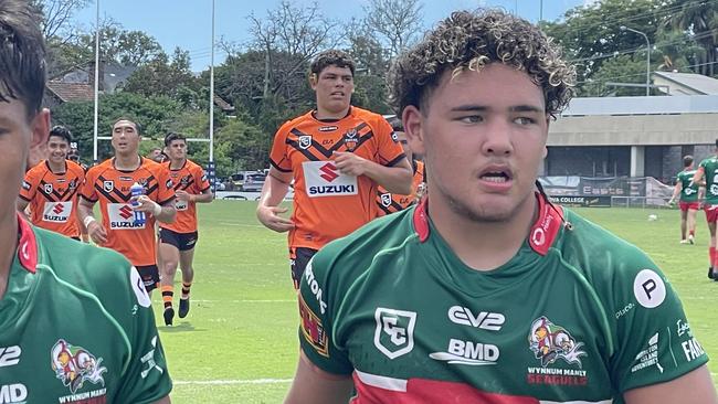 Kobi Floro, foreground in an Easts jersey, and Wynnum's