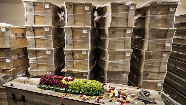 Coffins stacked at a warehouse in Johannesberg South Africa has the highest numbers of diagnosed infections in Africa and ranks fifth in the world after the US, Brazil, India and Russia. Picture: AFP