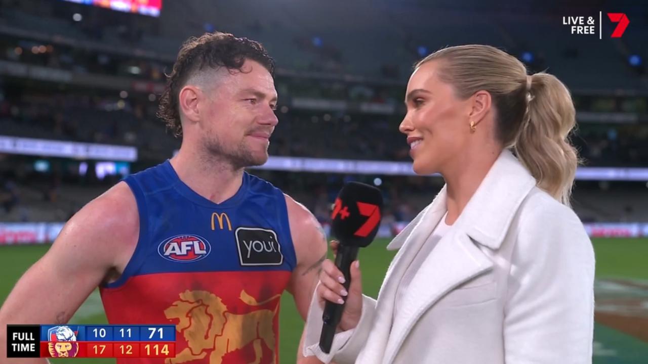 Holmes interviews Lachie Neale after the Brisbane Lions win. Photo: Channel 7.