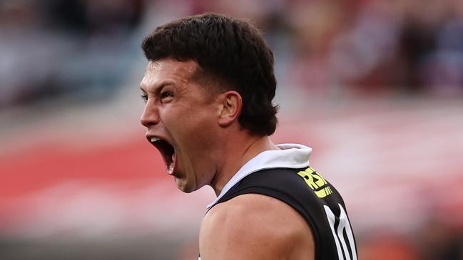 MELBOURNE, AUSTRALIA - September 9 , 2023. AFL . 2nd Elimination Final.    Rowan Marshall of the Saints celebrates a 1st quarter goal  during the elimination final between St Kilda and Greater Western Sydney at the MCG in Melbourne, Australia.  Photo by Michael Klein.