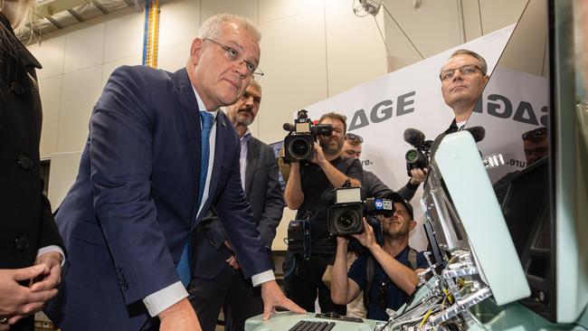 Scott Morrison visits Sage Automation in the electorate of Boothby in Adelaide on Wednesday. Picture: Jason Edwards