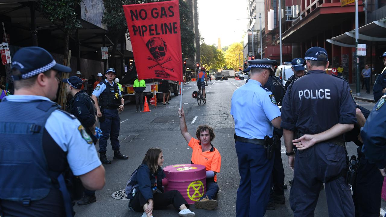 Extinction Rebellion protesters blockading Sydney’s CBD. Picture: Jeremy Piper