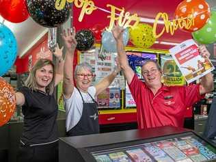 CELEBRATE: Laidley NewsXpress' team Rebecca McGrath, Vak Weier and Ben Faber celebrate selling a $1 million lotto ticket. Picture: Dominic Elsome