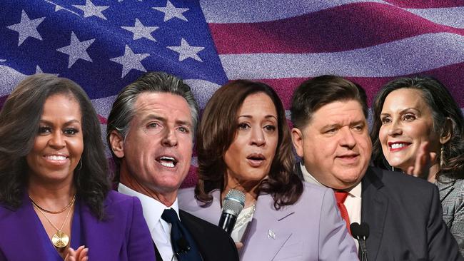 A photo comp of Kamala Harris, Gavin Newsom, J.B. Pritzker, Michelle Obama and Gretchen Whitmer. Collage. Sources supplied.