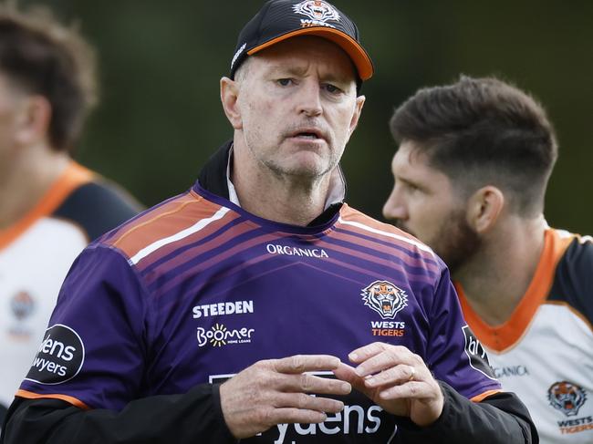 SYDNEY, AUSTRALIA - APRIL 13: Wests Tigers coach Michael Maguire looks on during a Wests Tigers NRL training session at St Lukes Park North on April 13, 2022 in Sydney, Australia. (Photo by Mark Evans/Getty Images)