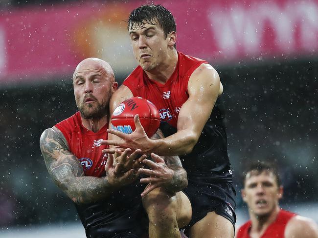 Melbourne's Nathan Jones and Jack Trengove spoil each other during Sydney Swans v Melbourne Demons at the SCG. Picture. Phil Hillyard