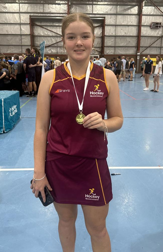 Chloe Bourke wins gold with the QLD Maroon U15 team at the Hockey Australia Indoor Hockey Championships. Picture: Supplied.