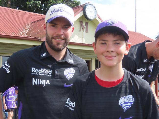 Hurricanes fan Tommy Medcraft, 11, with player Caleb Jewell at Tuesday's fan day in Launceston. Picture: Jon Tuxworth