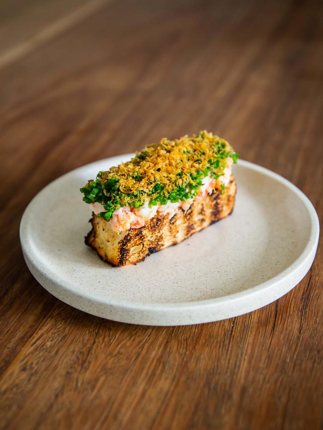 Prawns on brioche with crème fraîche, chives and bottarga from Bangalay Dining.