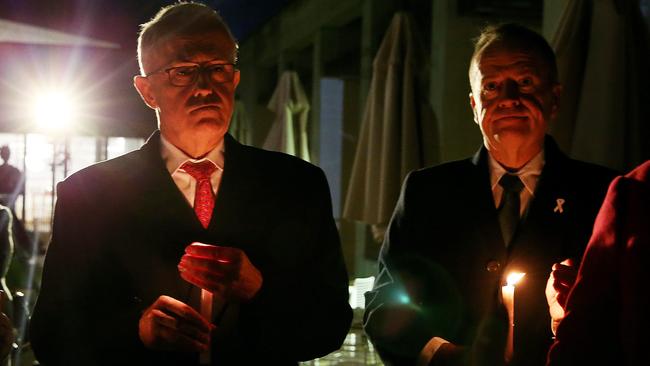 Malcolm Turnbull and Bill Shorten at the vigil last night for Dixon. Picture: Kym Smith