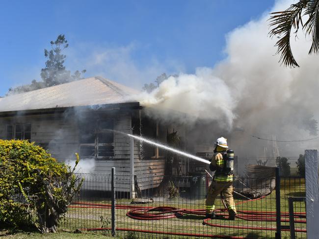 Firefighters fought the blaze that consumed a Racecourse home on Peak Downs Highway, 25 August 2021. Picture: Lillian Watkins